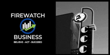 a black and white photo of a building with a sign that says firewatch business