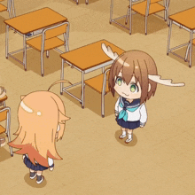 a girl with antlers is standing in a classroom with desks and chairs