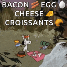 a cartoon of snoopy holding a bacon egg cheese croissant