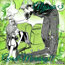 a drawing of a man and woman with the words good morning