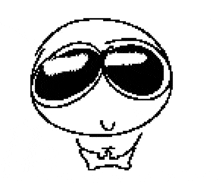 a black and white pixel art drawing of a smiley face with sunglasses on .