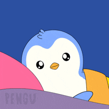 a penguin is laying on a bed with the word pengu on the bottom right
