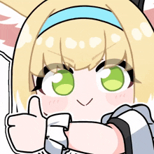 a cartoon girl with yellow hair and green eyes is giving a thumbs up