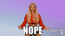 a woman in a red top says nope to both on a purple background