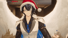 a man with wings and a santa hat on his head