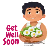 a cartoon of a boy holding a basket of daisies and the words get well soon