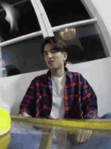 a man in a plaid shirt sits in front of a window