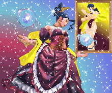 a painting of a woman in a purple dress and a picture of a woman in a yellow dress