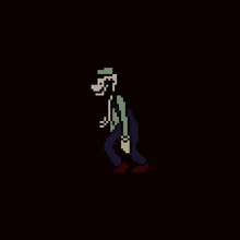 a pixel art illustration of a zombie in a suit and tie walking in the dark .