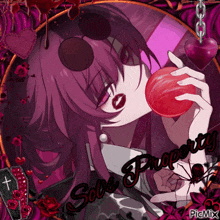 a picture of a girl with purple hair holding a red apple with the words sole property on the bottom right