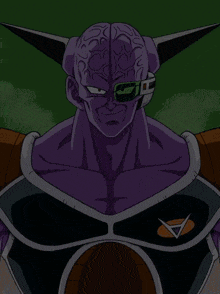 a close up of a cartoon character with a purple brain