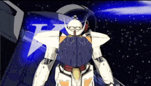 a robot with the letter p on its chest is standing in front of a space ship