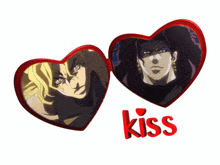 a picture of two hearts with the word kiss on it