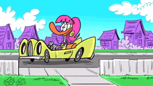 a cartoon of a woman driving a yellow car with the number 0 on the back