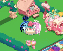 a cartoon scene with a pink piano and a cake