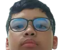 a close up of a person wearing glasses with a blue eye