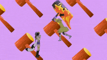 a cartoon drawing of a woman standing in front of a bunch of hammers on a purple background