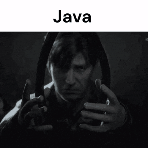 a man is holding a pair of scissors in his hands in a black and white photo with the word java on the bottom .