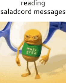 a cartoon character wearing a green shirt with the words reading saladcord messages