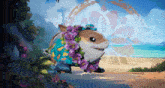 a painting of a shark wearing a floral lei