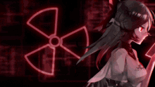 a girl with red hair stands in front of a red symbol