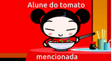 a cartoon girl is holding chopsticks and a bowl of food with the words alune do tomato mentionada underneath her