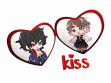 a couple of hearts with a girl and a boy and the word kiss