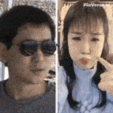 a man wearing sunglasses and a woman wearing a blue sweater with pixverse ai written on the bottom
