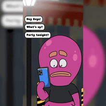 a cartoon character talking on a cell phone with the words hey guys what 's up party tonight on the bottom