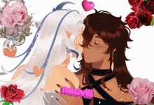 a drawing of a man and a woman kissing with the word nouveau written in pink