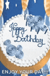 a blue and white birthday cake with the words `` happy birthday '' written on it