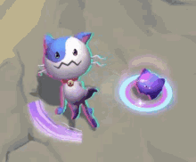 a purple and white cat is flying in the air next to a purple cat in a video game .