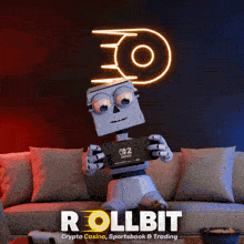 a robot is holding a nintendo switch in front of a neon sign that says " rollbit "