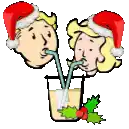 two people wearing santa hats are drinking through straws from a glass