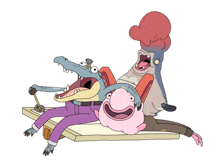 a group of cartoon characters including a crocodile and a pink fish are sitting on a table