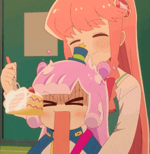 a girl with a top hat is holding a piece of cake