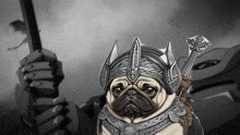 a pug wearing a helmet and holding an axe