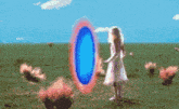 a girl in a white dress stands in a field with a blue circle in the background