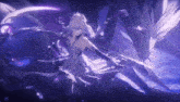 a girl in a white dress is holding a purple sword in her hands .