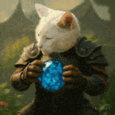 a white cat in armor holds a blue diamond