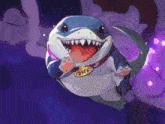 a pixel art drawing of a shark with a name tag that says jeff