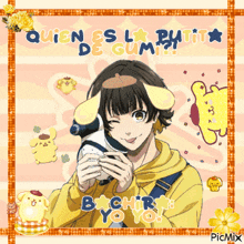 a picture of a boy with pomeranian ears and the words " quien es la buti de gum "