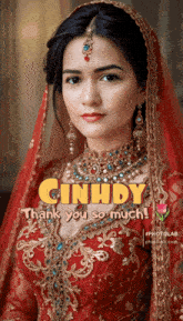 a woman in a red and gold dress with the words cinhdy thank you so much on the bottom