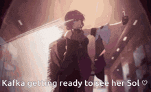 a cartoon of a woman holding a sword with the words kafka getting ready to see her sol