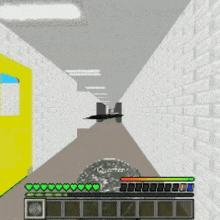 a video game shows a hallway with a yellow door
