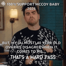 a man in a black and white sweater says that he supports mccoy baby 2026