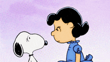 a cartoon drawing of lucy and snoopy with a purple background