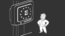a black and white drawing of a man standing next to a tv