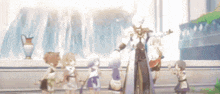 a group of children are standing around a man in a white coat .