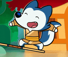 a cartoon of a husky wearing a kimono holding a stick